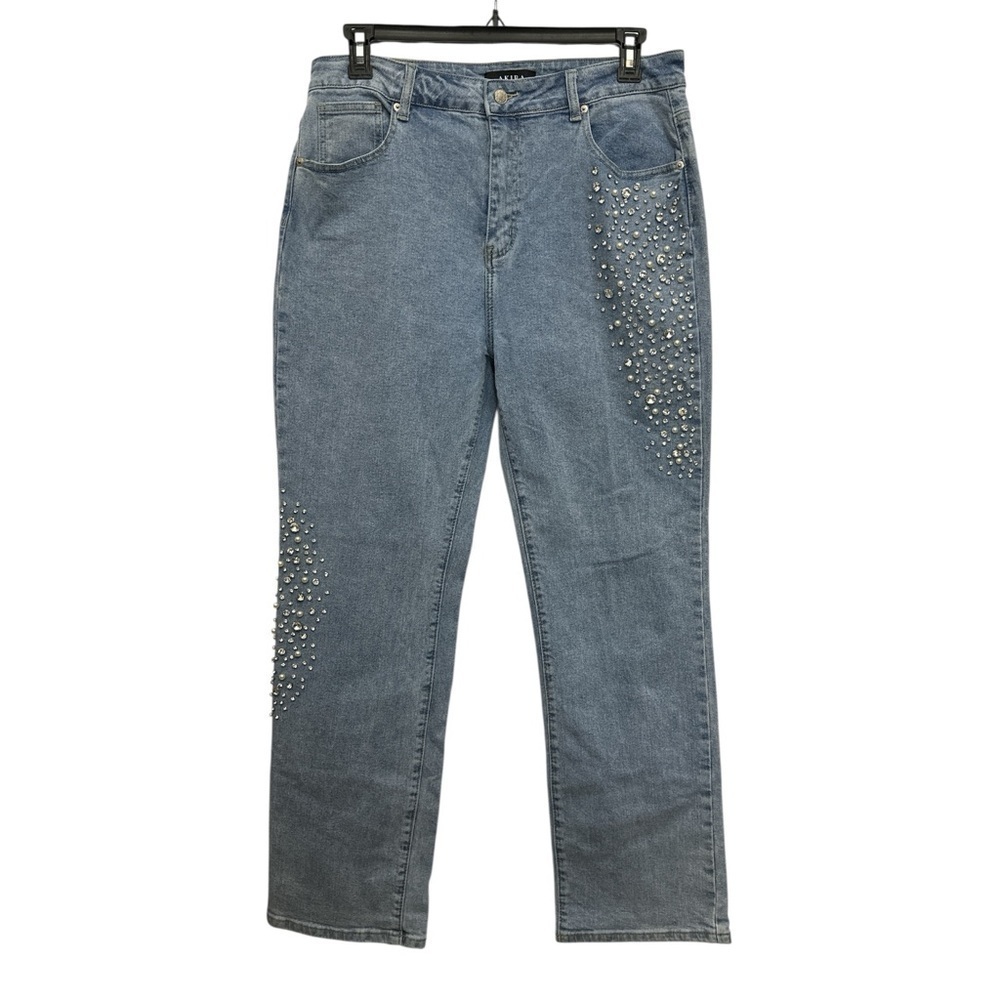 Akira Rhinestone Pearl Embellished Jeans Size 17 (W32) Straight Leg Light Wash